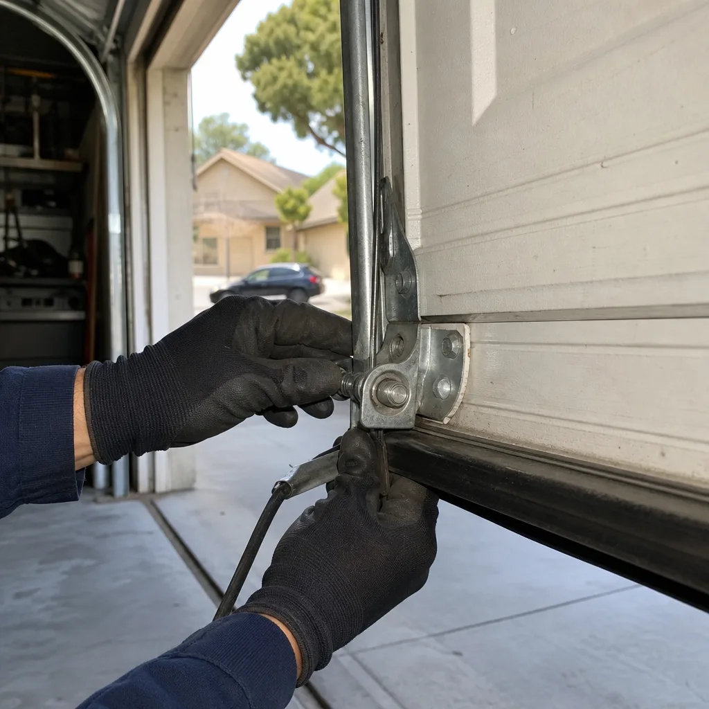 Technician performing professional garage door cable repair on a residential door