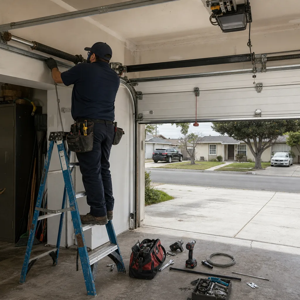 Professional technician performing garage door cable repair on a torsion spring