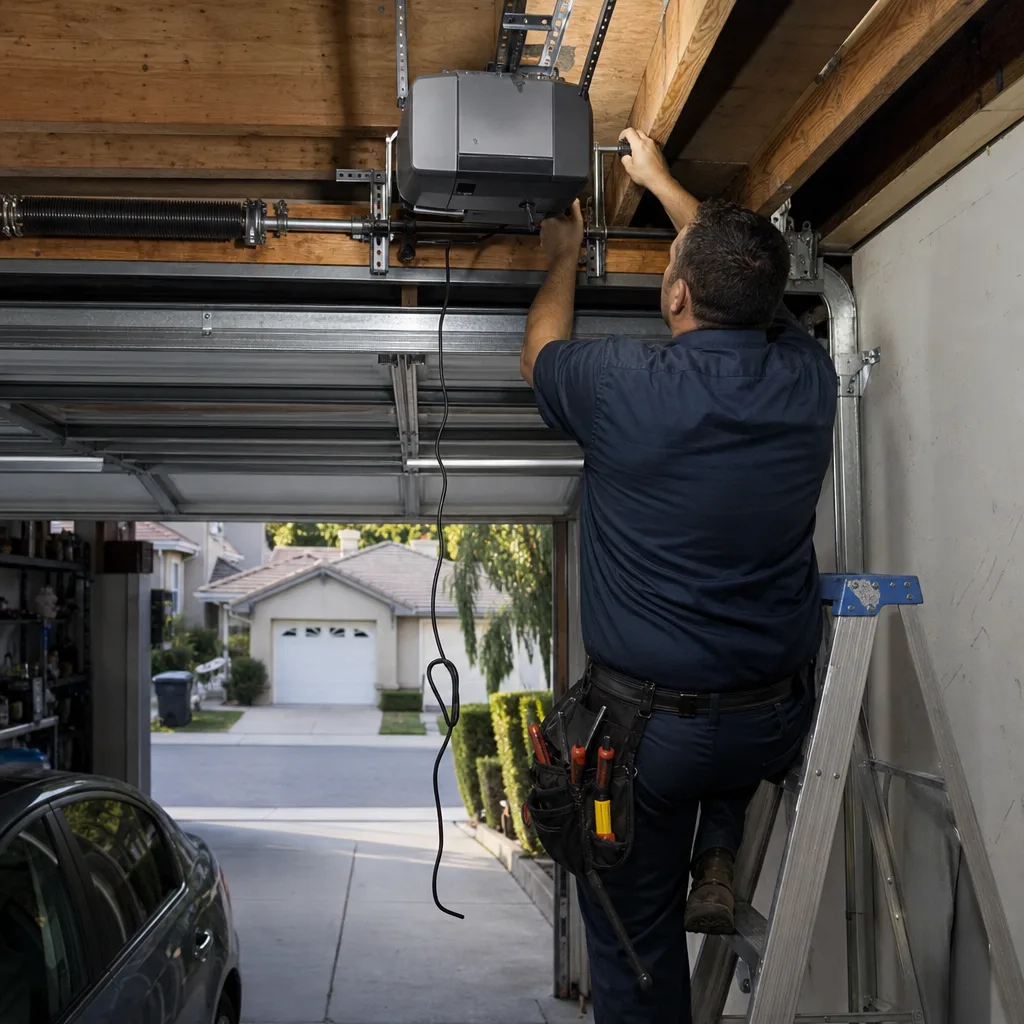 Technician performing professional garage door opener repair