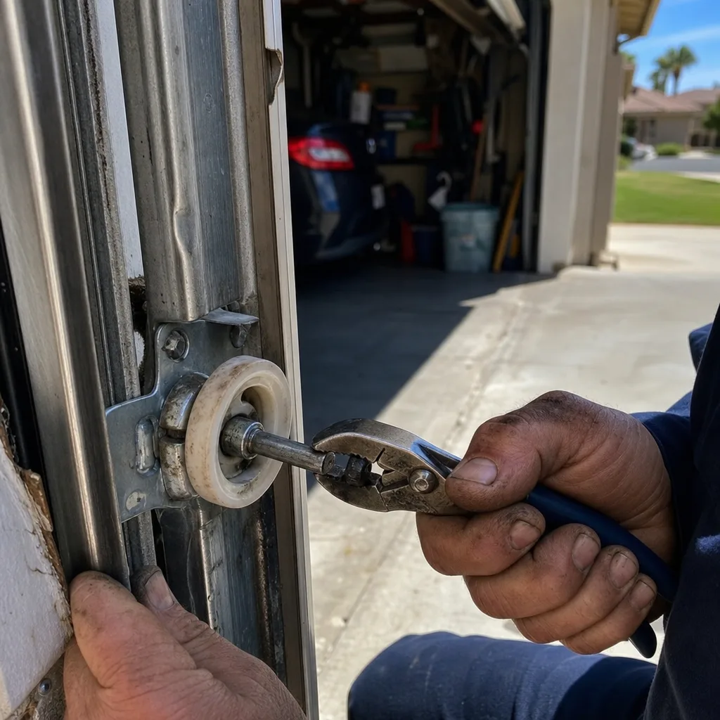 Technician performing professional garage door roller repair and maintenance.